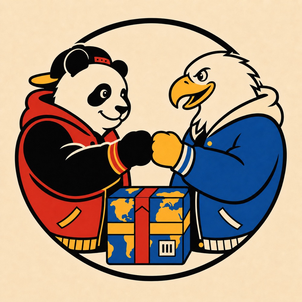 A panda and an eagle fist-bump above a world-map parcel